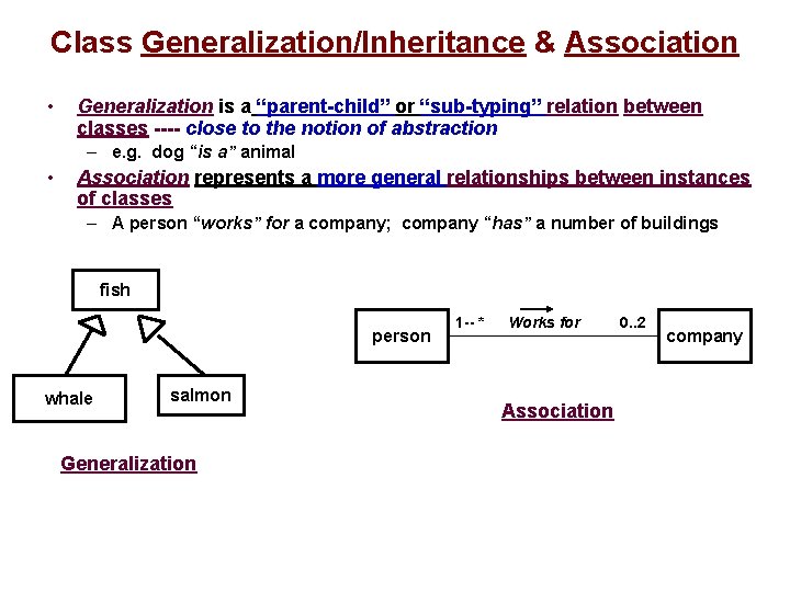 Class Generalization/Inheritance & Association • Generalization is a “parent-child” or “sub-typing” relation between classes