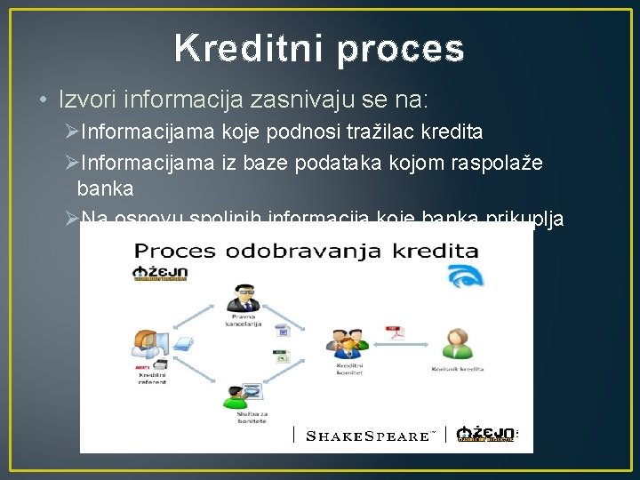 Kreditni proces • Izvori informacija zasnivaju se na: ØInformacijama koje podnosi tražilac kredita ØInformacijama