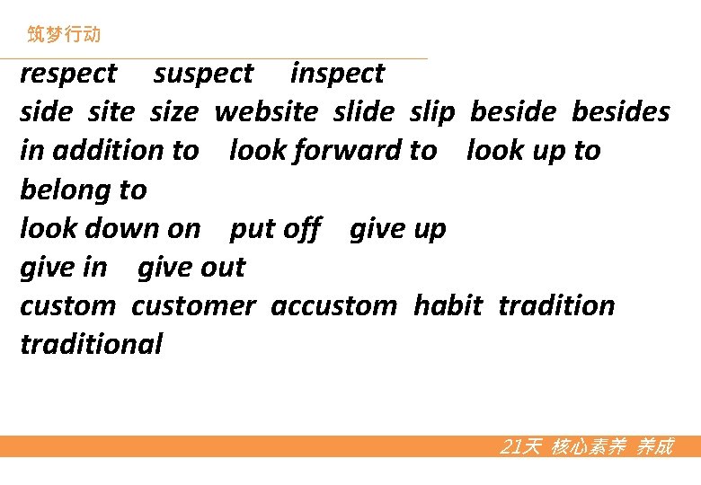筑梦行动 respect suspect inspect side site size website slide slip besides in addition to