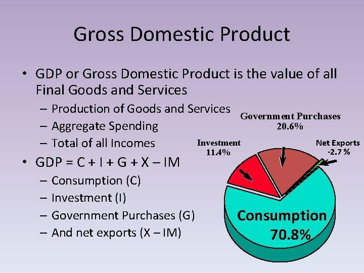 Gross Domestic Product • GDP or Gross Domestic Product is the value of all