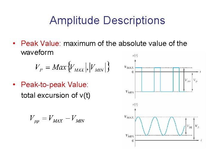 Amplitude Descriptions • Peak Value: maximum of the absolute value of the waveform •