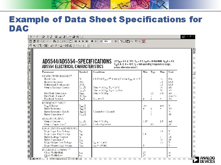 Example of Data Sheet Specifications for DAC 