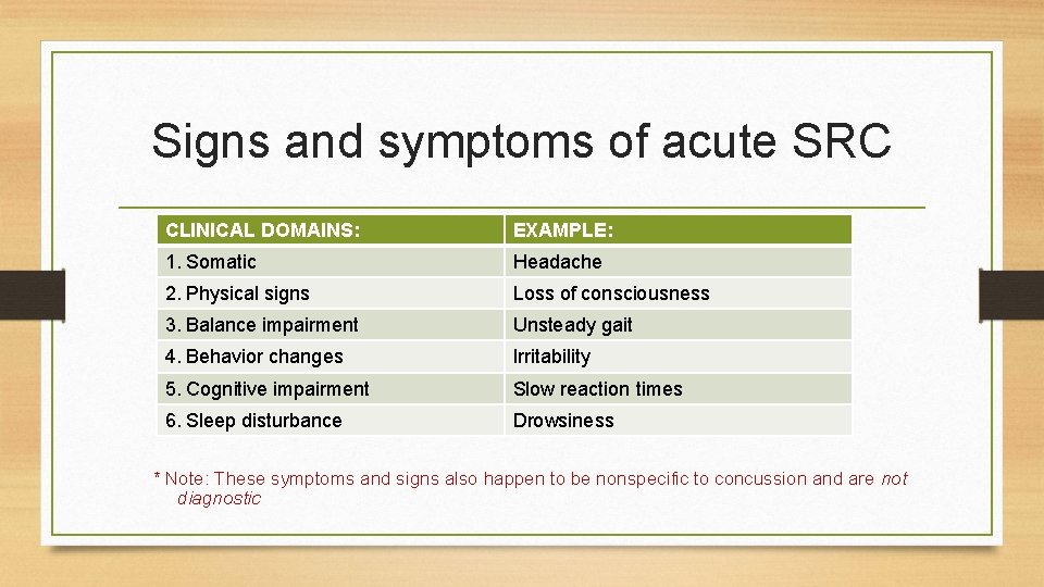 Signs and symptoms of acute SRC CLINICAL DOMAINS: EXAMPLE: 1. Somatic Headache 2. Physical