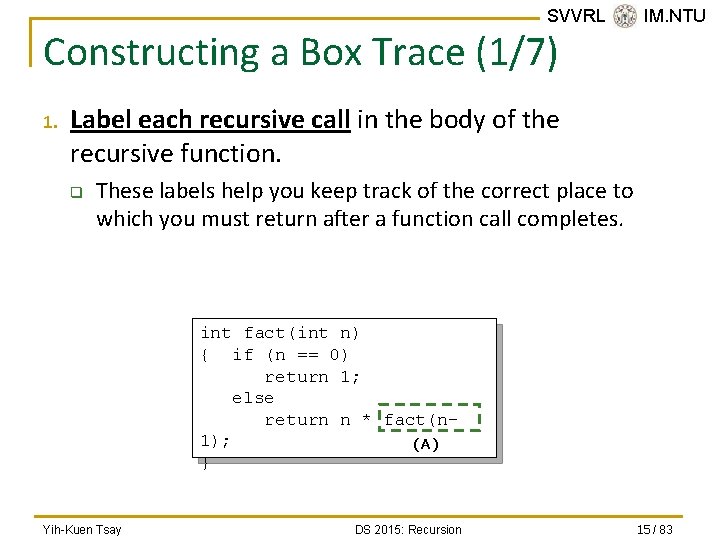 SVVRL @ IM. NTU Constructing a Box Trace (1/7) 1. Label each recursive call
