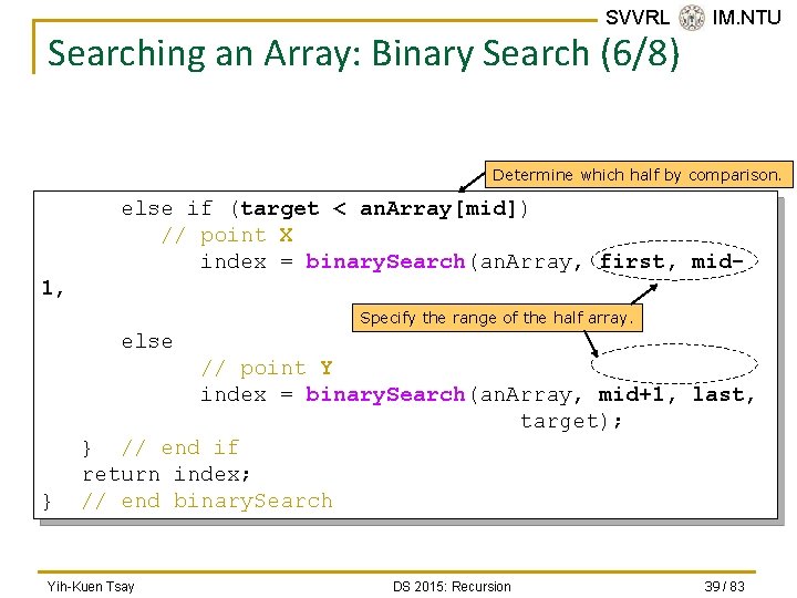 SVVRL @ IM. NTU Searching an Array: Binary Search (6/8) Determine which half by