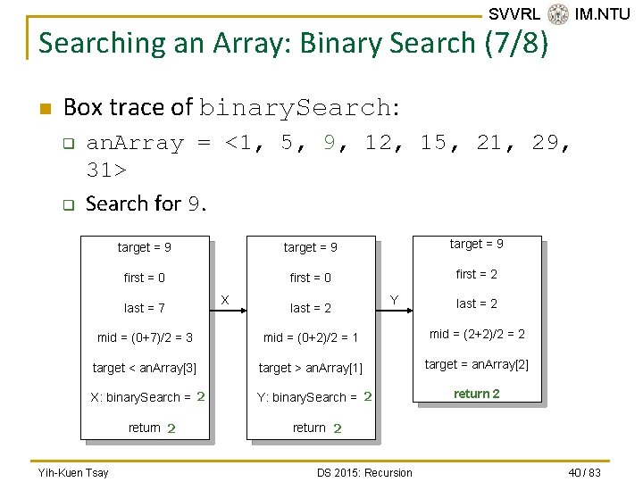 SVVRL @ IM. NTU Searching an Array: Binary Search (7/8) n Box trace of
