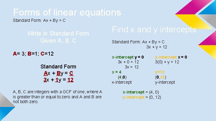 Forms of linear equations Standard Form: Ax + By = C Write in Standard