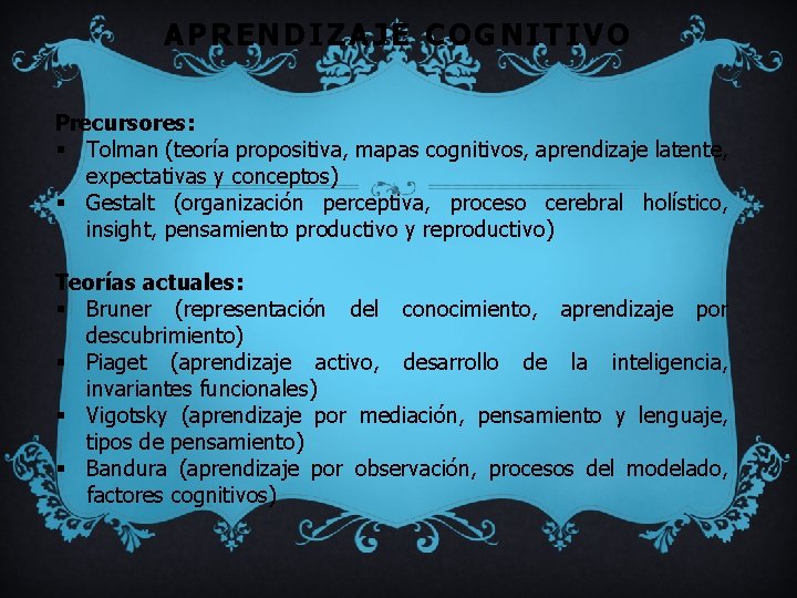 APRENDIZAJE COGNITIVO Precursores: § Tolman (teoría propositiva, mapas cognitivos, aprendizaje latente, expectativas y conceptos)