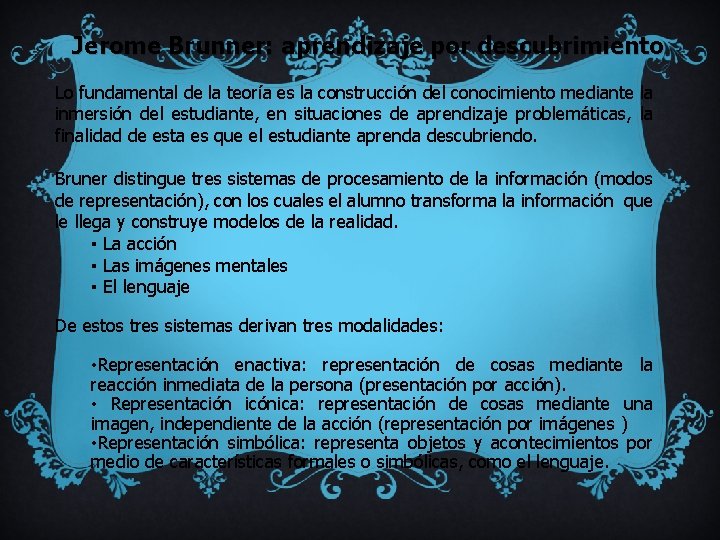 Jerome Brunner: aprendizaje por descubrimiento Lo fundamental de la teoría es la construcción del