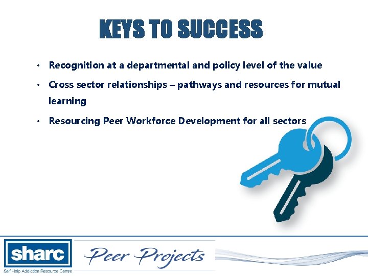 KEYS TO SUCCESS • Recognition at a departmental and policy level of the value