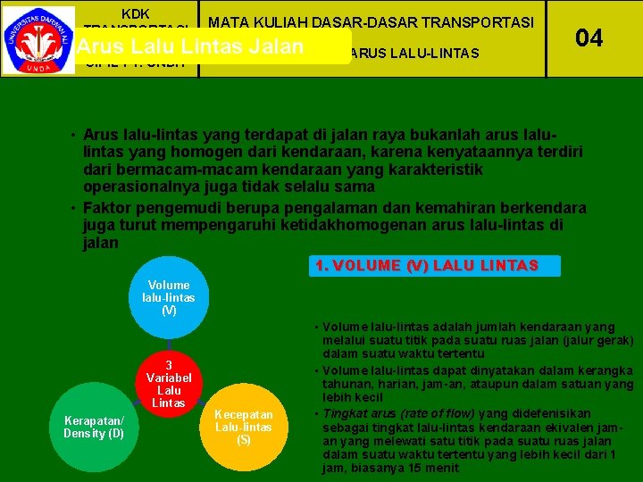 KDK MATA KULIAH DASAR-DASAR TRANSPORTASI JURUSAN TEKNIK POKOK BAHASAN: ARUS LALU-LINTAS SIPIL FT. UNDA