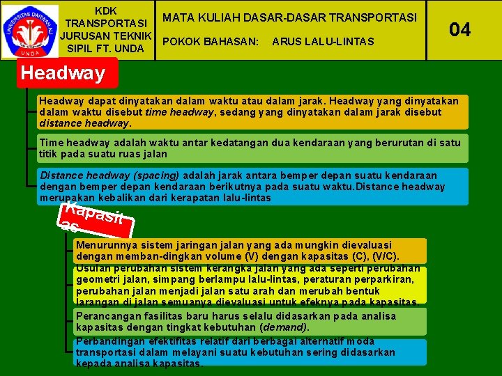 KDK MATA KULIAH DASAR-DASAR TRANSPORTASI JURUSAN TEKNIK POKOK BAHASAN: ARUS LALU-LINTAS SIPIL FT. UNDA