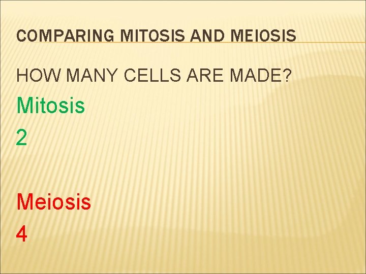 COMPARING MITOSIS AND MEIOSIS HOW MANY CELLS ARE MADE? Mitosis 2 Meiosis 4 