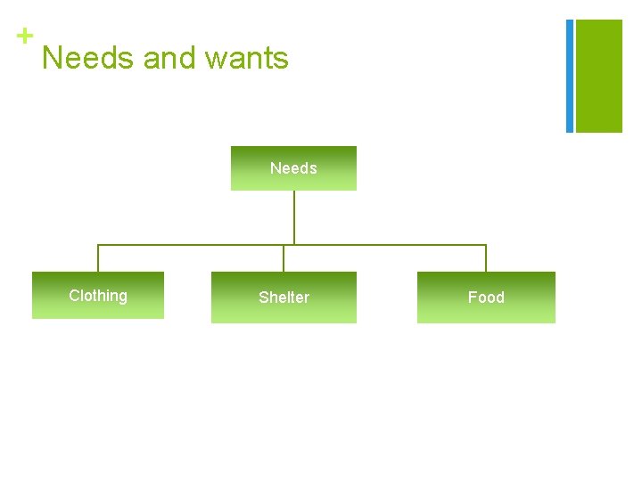 + Needs and wants Needs Clothing Shelter Food 