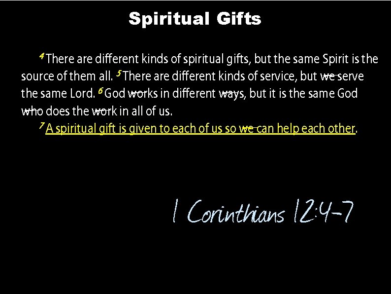Spiritual Gifts 4 There are different kinds of spiritual gifts, but the same Spirit