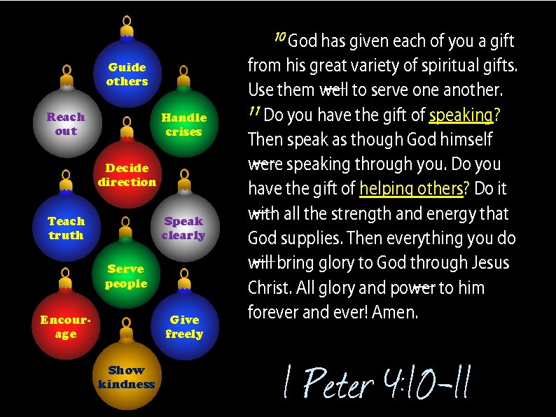 10 God has given each of you a gift Guide others Reach out Handle