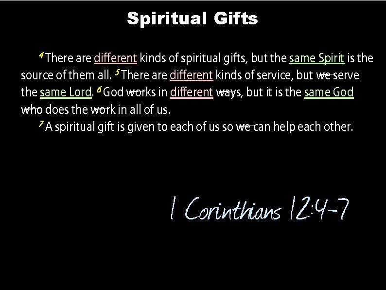 Spiritual Gifts 4 There are different kinds of spiritual gifts, but the same Spirit