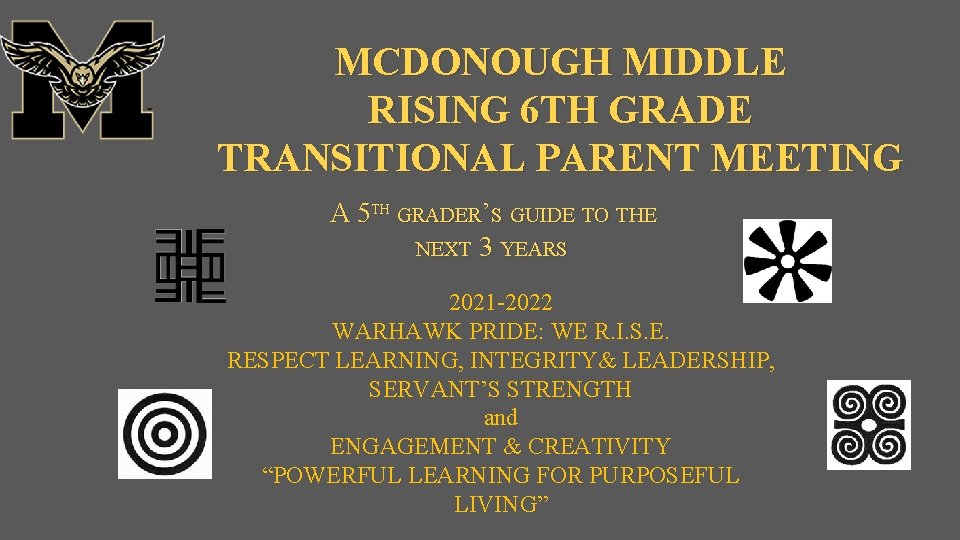 MCDONOUGH MIDDLE RISING 6 TH GRADE TRANSITIONAL PARENT MEETING A 5 TH GRADER’S GUIDE