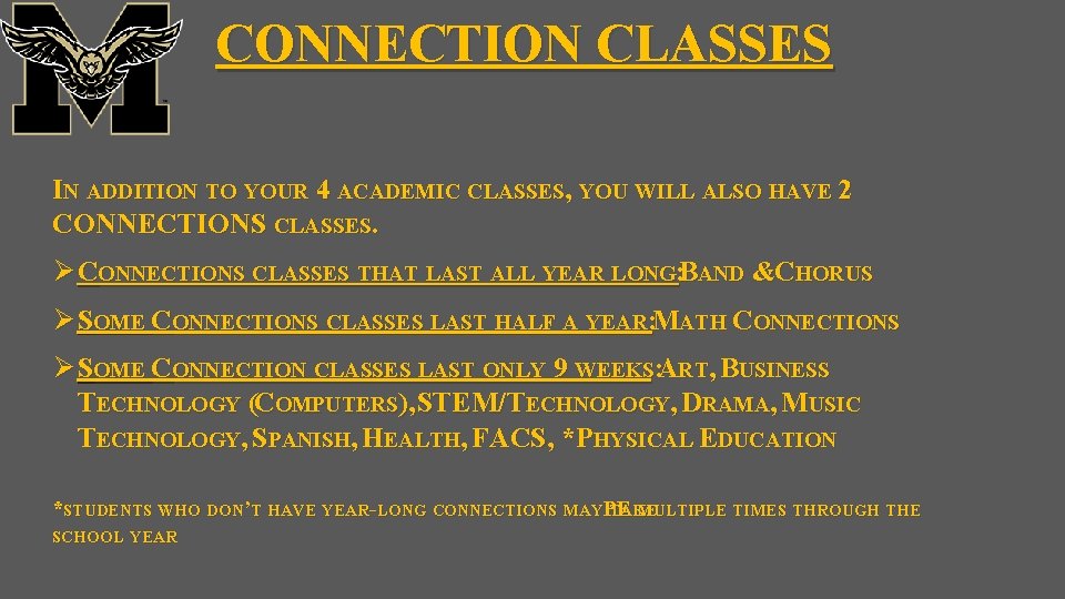 CONNECTION CLASSES IN ADDITION TO YOUR 4 ACADEMIC CLASSES, YOU WILL ALSO HAVE 2
