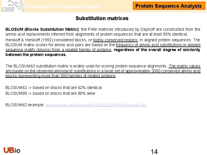 Introduction to Sequence Analysis Protein Sequence Analysis Substitution matrices BLOSUM (Blocks Substitution Matrix): the