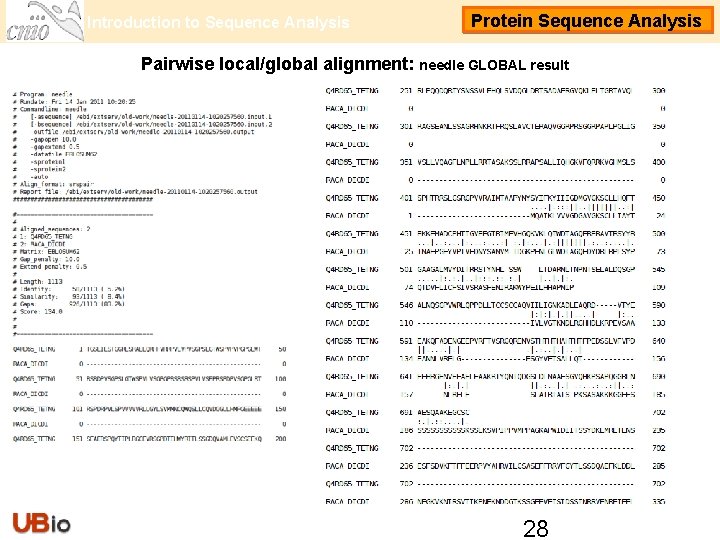 Introduction to Sequence Analysis Protein Sequence Analysis Pairwise local/global alignment: needle GLOBAL result 28
