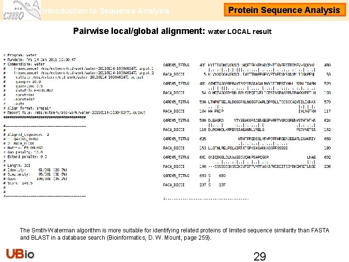 Introduction to Sequence Analysis Protein Sequence Analysis Pairwise local/global alignment: water LOCAL result The