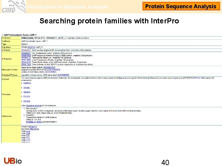 Introduction to Sequence Analysis Protein Sequence Analysis Searching protein families with Inter. Pro 40