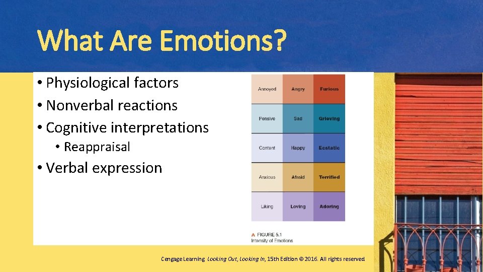 What Are Emotions? • Physiological factors • Nonverbal reactions • Cognitive interpretations • Reappraisal