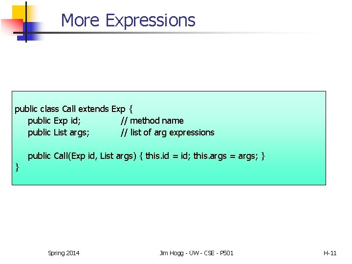 More Expressions public class Call extends Exp { public Exp id; // method name