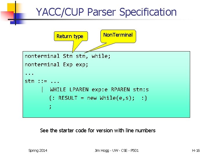 YACC/CUP Parser Specification Return type Non. Terminal nonterminal Stm stm, while; nonterminal Exp exp;