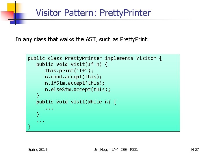 Visitor Pattern: Pretty. Printer In any class that walks the AST, such as Pretty.