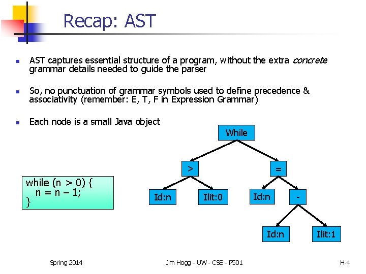 Recap: AST n AST captures essential structure of a program, without the extra concrete