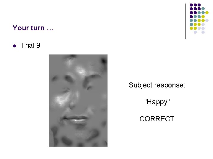 Your turn … l Trial 9 Subject response: “Happy” CORRECT 