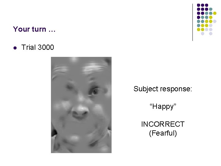 Your turn … l Trial 3000 Subject response: “Happy” INCORRECT (Fearful) 