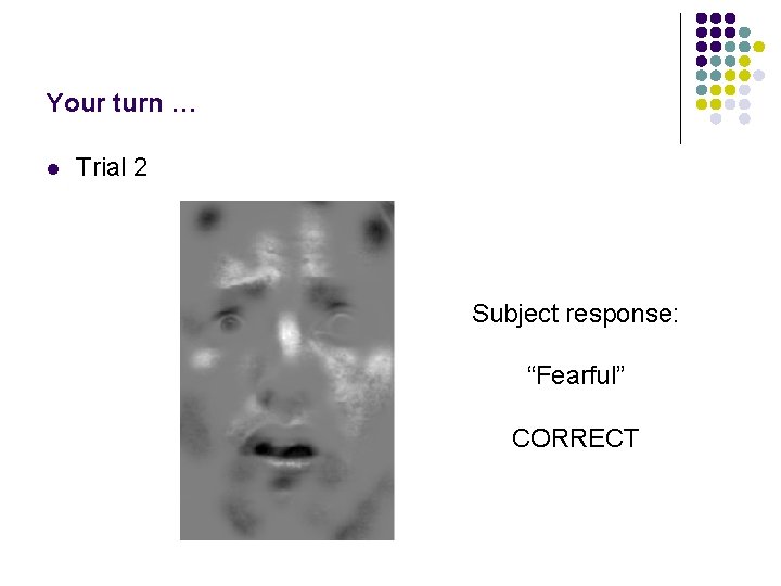 Your turn … l Trial 2 Subject response: “Fearful” CORRECT 