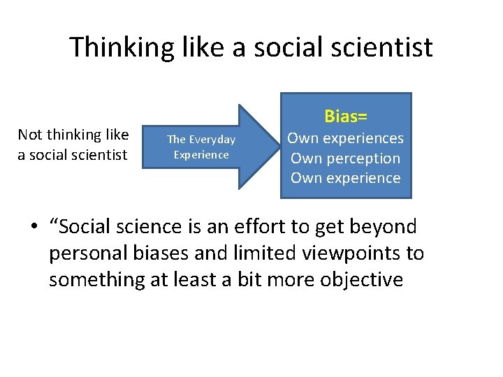 Thinking like a social scientist Not thinking like a social scientist Bias= The Everyday