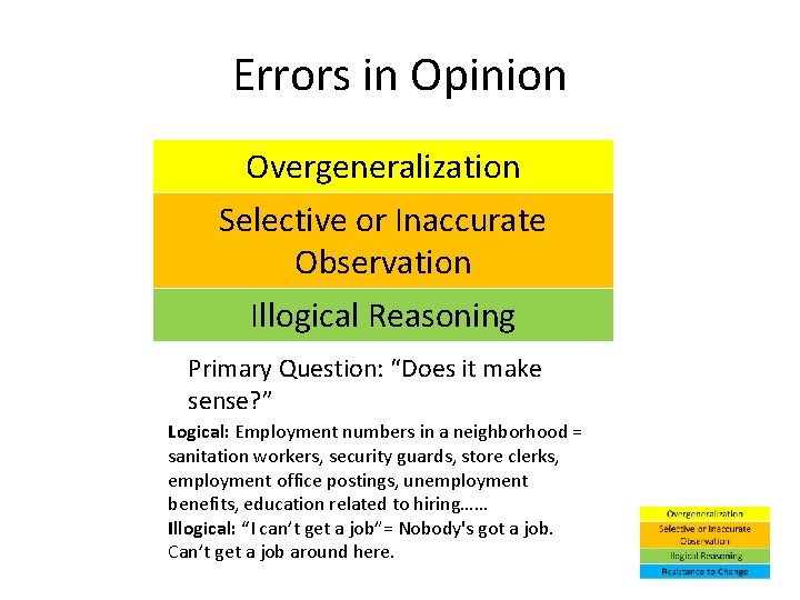 Errors in Opinion Overgeneralization Selective or Inaccurate Observation Illogical Reasoning Primary Question: “Does it