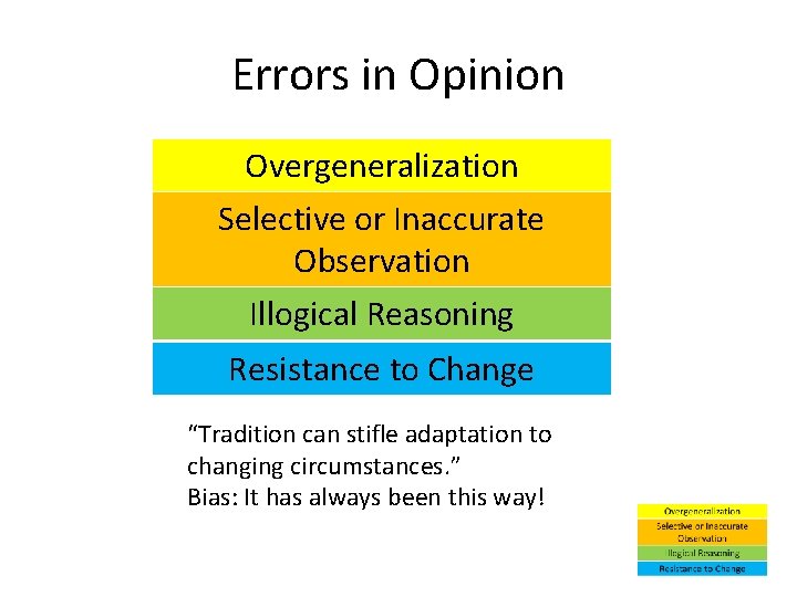 Errors in Opinion Overgeneralization Selective or Inaccurate Observation Illogical Reasoning Resistance to Change “Tradition