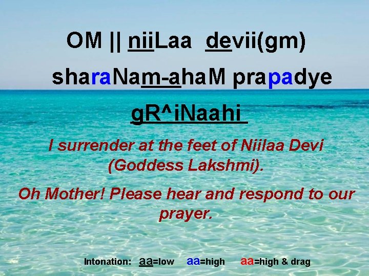 OM || nii. Laa devii(gm) shara. Nam-aha. M prapadye g. R^i. Naahi I surrender