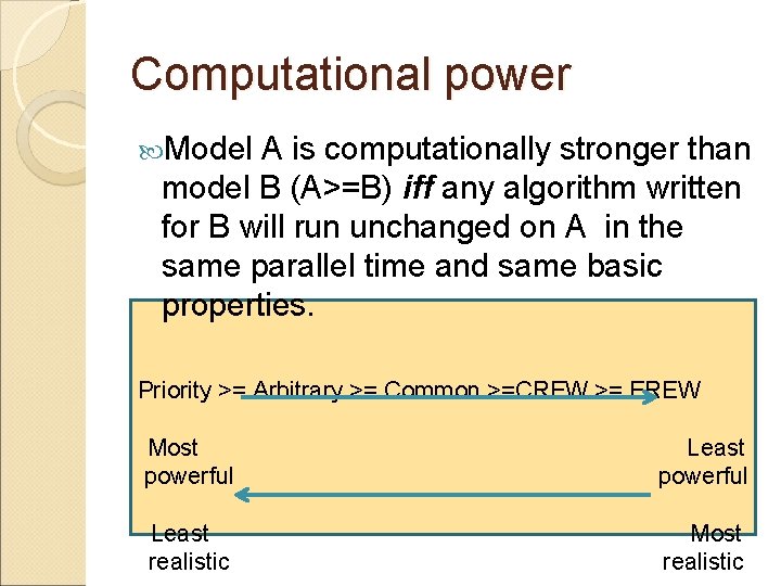 Computational power Model A is computationally stronger than model B (A>=B) iff any algorithm