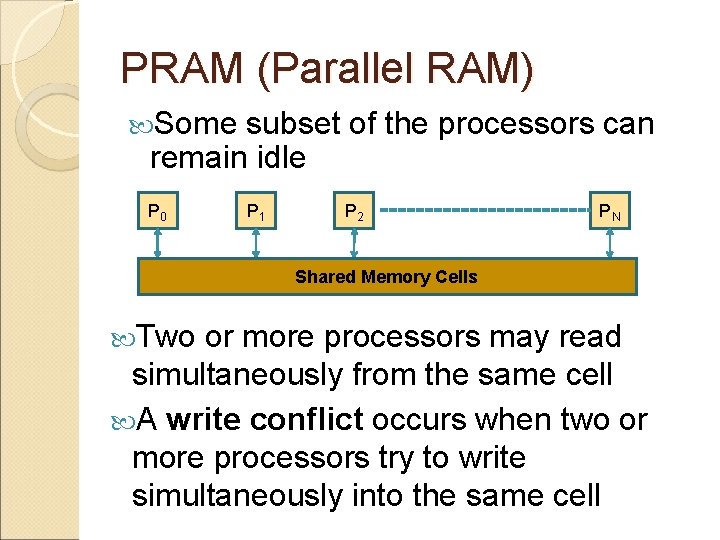 PRAM (Parallel RAM) Some subset of the processors can remain idle P 0 P