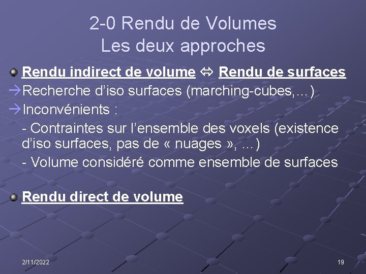 2 -0 Rendu de Volumes Les deux approches Rendu indirect de volume Rendu de