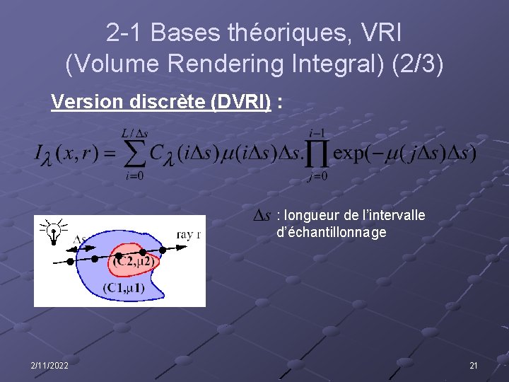 2 -1 Bases théoriques, VRI (Volume Rendering Integral) (2/3) Version discrète (DVRI) : :