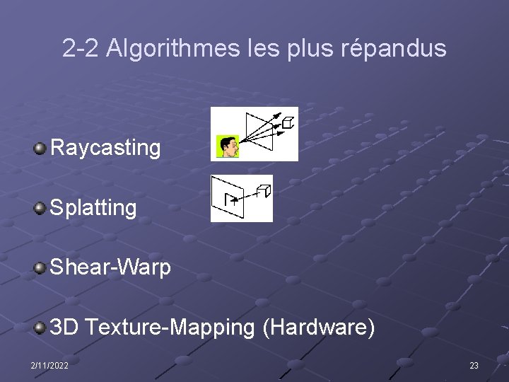 2 -2 Algorithmes les plus répandus Raycasting Splatting Shear-Warp 3 D Texture-Mapping (Hardware) 2/11/2022