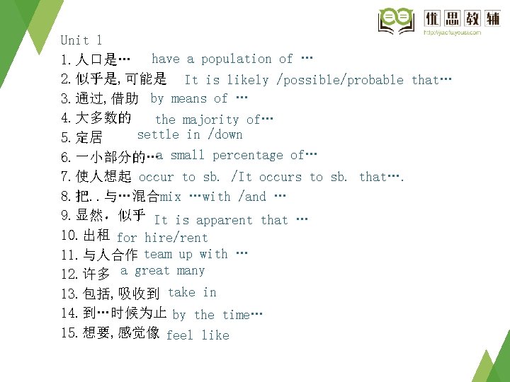Unit 1 1. 人口是… have a population of … 2. 似乎是, 可能是 It is Unit 1 1. 人口是… have a population of … 2. 似乎是, 可能是 It is