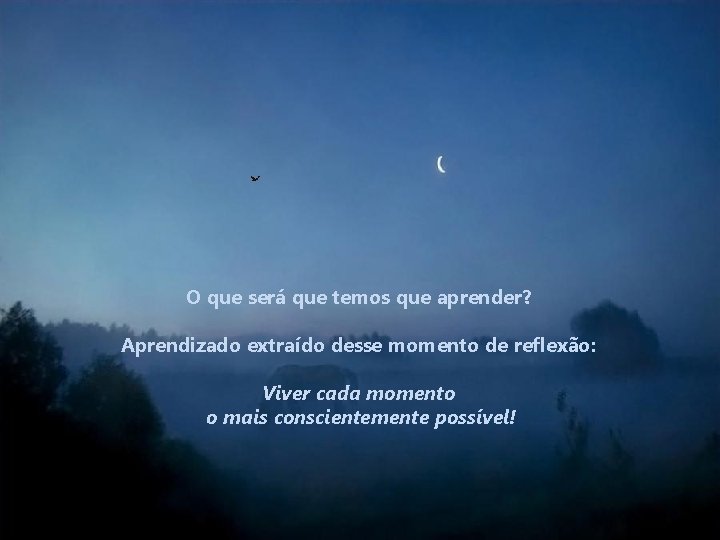 O que será que temos que aprender? Aprendizado extraído desse momento de reflexão: Viver