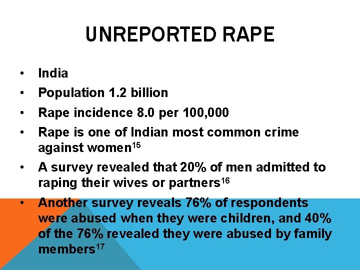 UNREPORTED RAPE • • India • A survey revealed that 20% of men admitted
