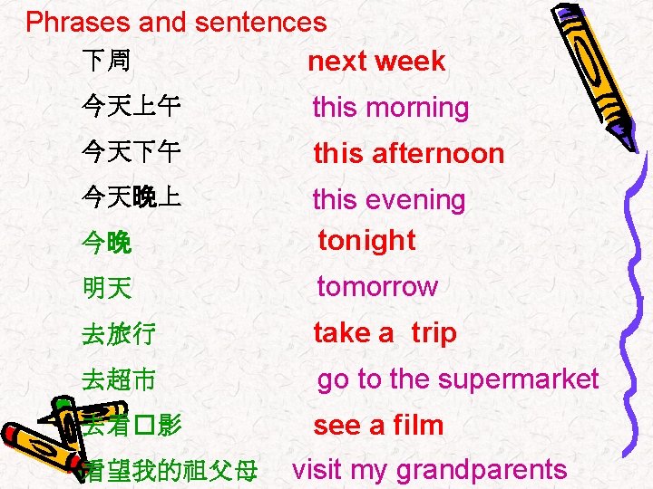 Phrases and sentences 下周 next week 今天上午 this morning 今天下午 this afternoon 今天晚上 今晚