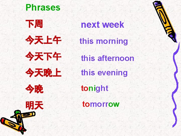 Phrases 下周 next week 今天上午 this morning 今天下午 this afternoon 今天晚上 this evening 今晚