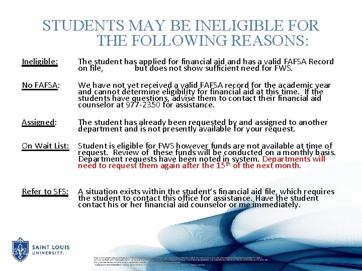 STUDENTS MAY BE INELIGIBLE FOR THE FOLLOWING REASONS: Ineligible: The student has applied for